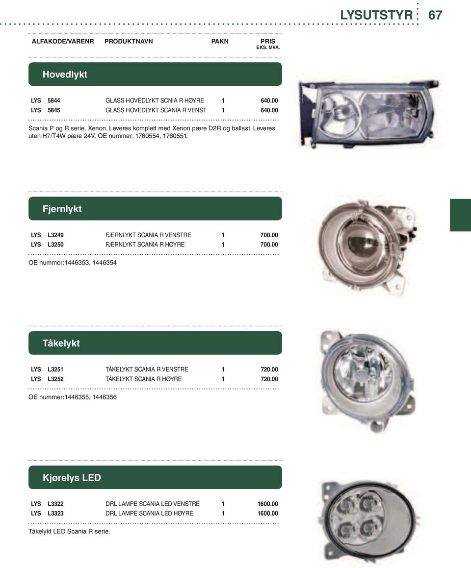 00 LYS L3250 FJERNLYKT SCANIA R HØYRE 1 700.00 OE nummer:1446353, 1446354 Tåkelykt LYS L3251 TÅKELYKT SCANIA R VENSTRE 1 720.