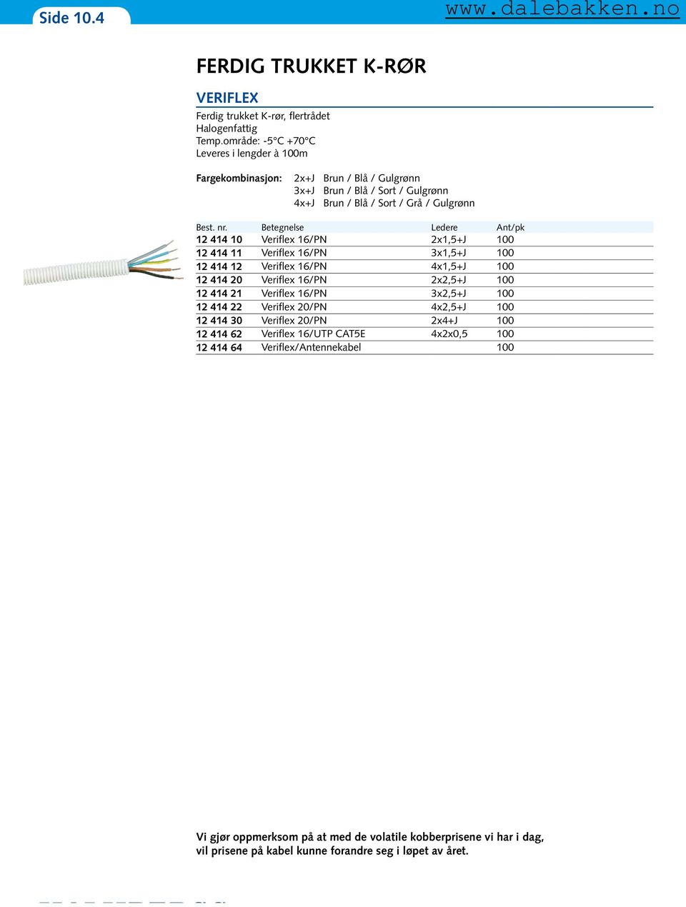 Betegnelse Ledere Ant/pk 12 414 10 Veriflex 16/PN 2x1,5+J 100 12 414 11 Veriflex 16/PN 3x1,5+J 100 12 414 12 Veriflex 16/PN 4x1,5+J 100 12 414 20 Veriflex 16/PN 2x2,5+J 100 12 414 21