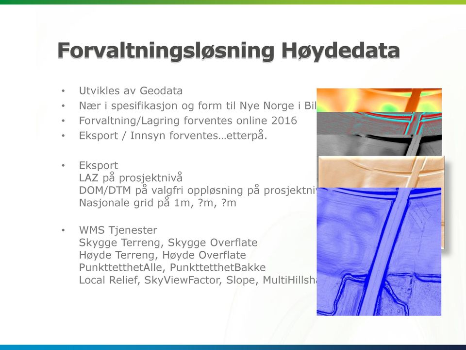 Eksport LAZ på prosjektnivå DOM/DTM på valgfri oppløsning på prosjektnivå Nasjonale grid på 1m,?