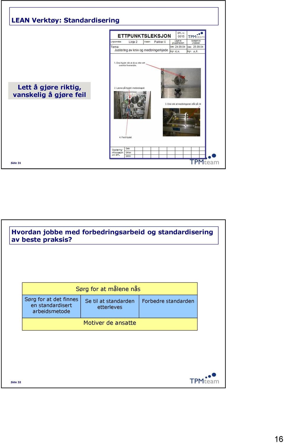 Sørg for at målene nås Sørg for at det finnes en standardisert arbeidsmetode