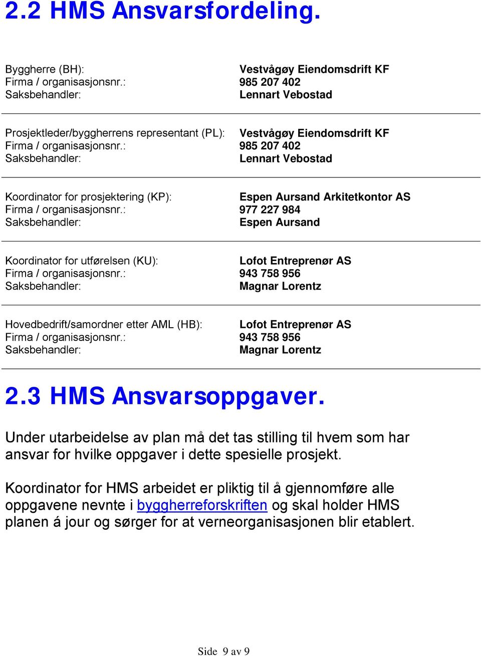 : Saksbehandler: Vestvågøy Eiendomsdrift KF 985 207 402 Lennart Vebostad Koordinator for prosjektering (KP): Firma / organisasjonsnr.