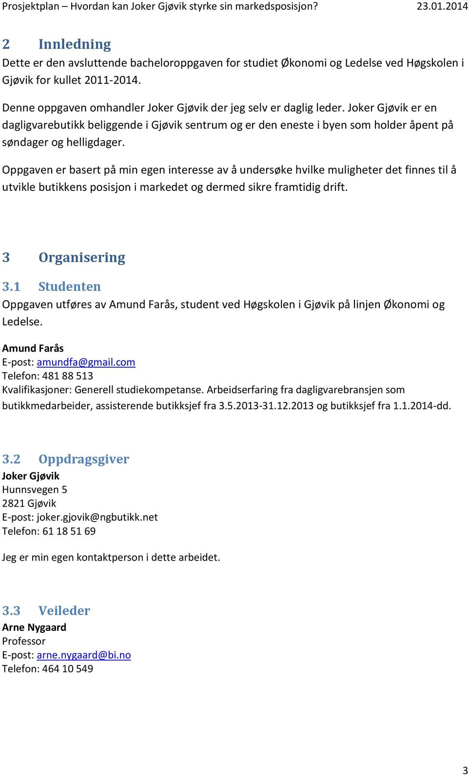 Oppgaven er basert på min egen interesse av å undersøke hvilke muligheter det finnes til å utvikle butikkens posisjon i markedet og dermed sikre framtidig drift. 3 Organisering 3.