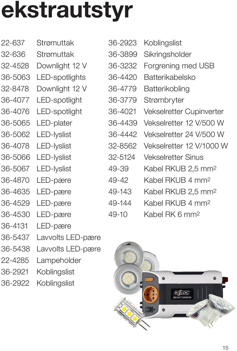 LED-pære 22-4285 Lampeholder 36-2921 Koblingslist 36-2922 Koblingslist 36-2923 Koblingslist 36-3899 Sikringsholder 36-3232 Forgrening med USB 36-4420 Batterikabelsko 36-4779 Batterikobling 36-3779