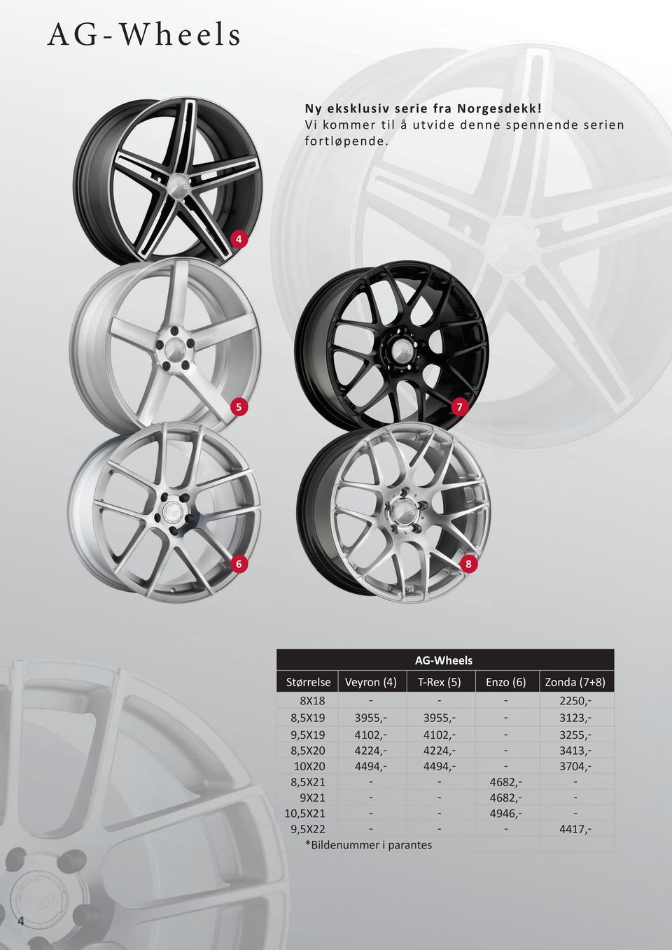 4 5 7 6 8 AG-Wheels Størrelse Veyron (4) T-Rex (5) 8X18 8,5X19 3955,3955,9,5X19