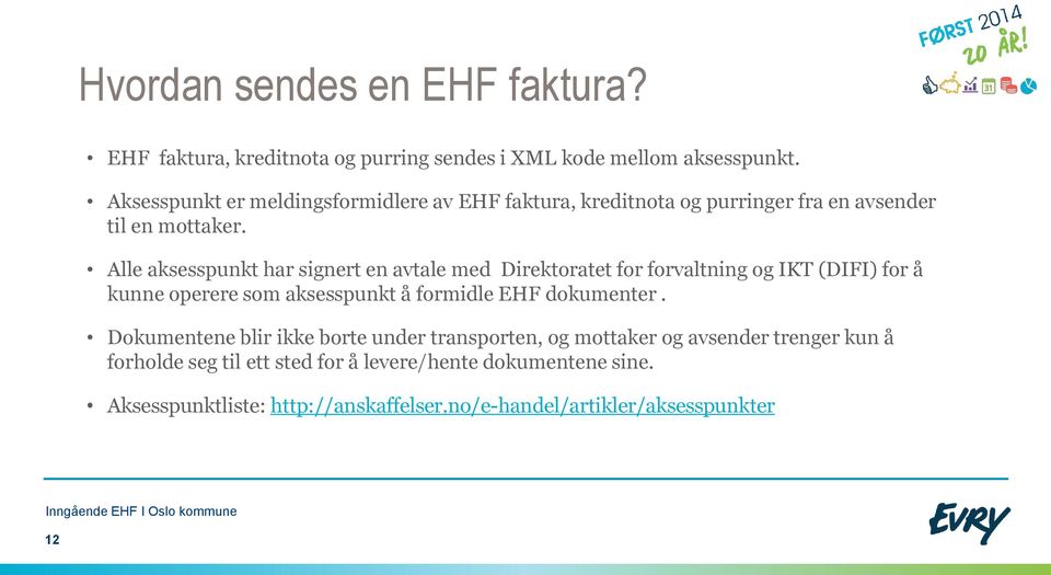 Alle aksesspunkt har signert en avtale med Direktoratet for forvaltning og IKT (DIFI) for å kunne operere som aksesspunkt å formidle EHF
