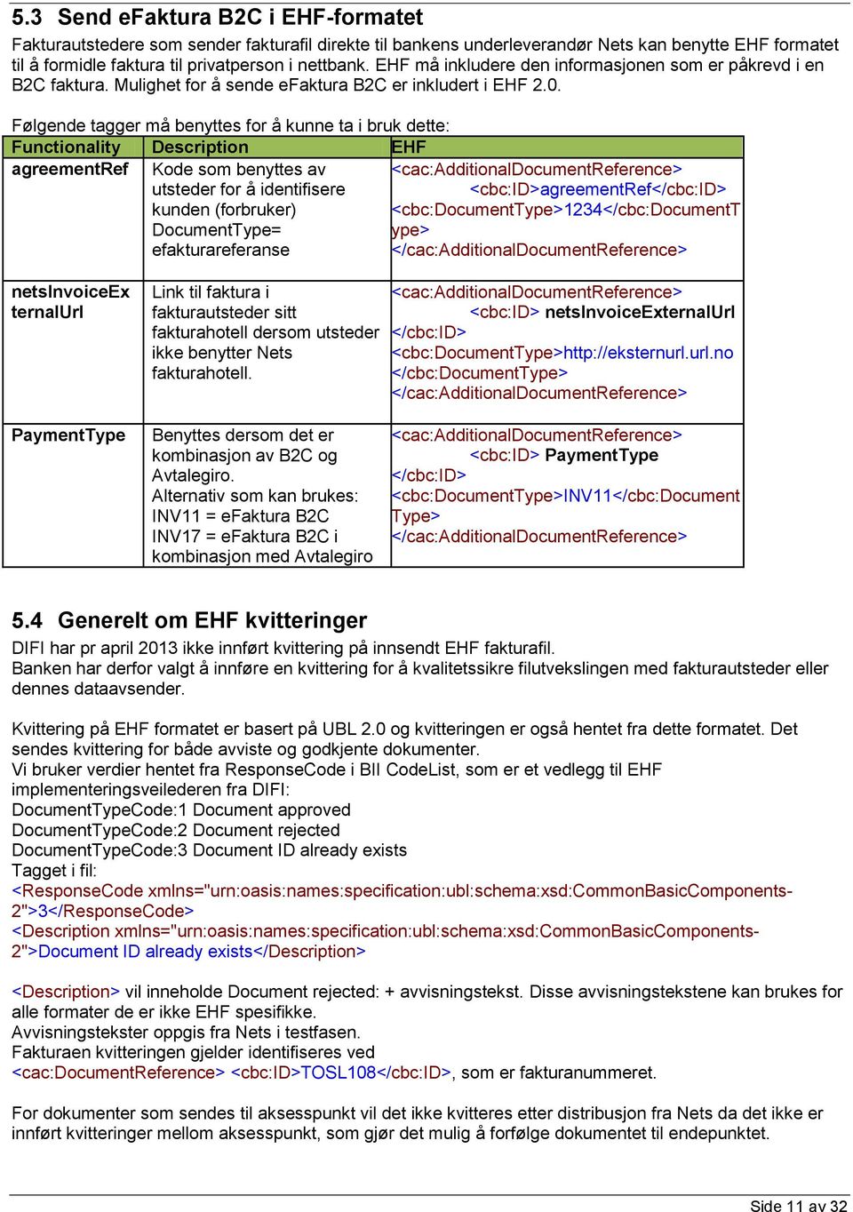 Følgende tagger må benyttes for å kunne ta i bruk dette: Functionality Description EHF agreementref Kode som benyttes av utsteder for å identifisere kunden (forbruker) DocumentType= efakturareferanse