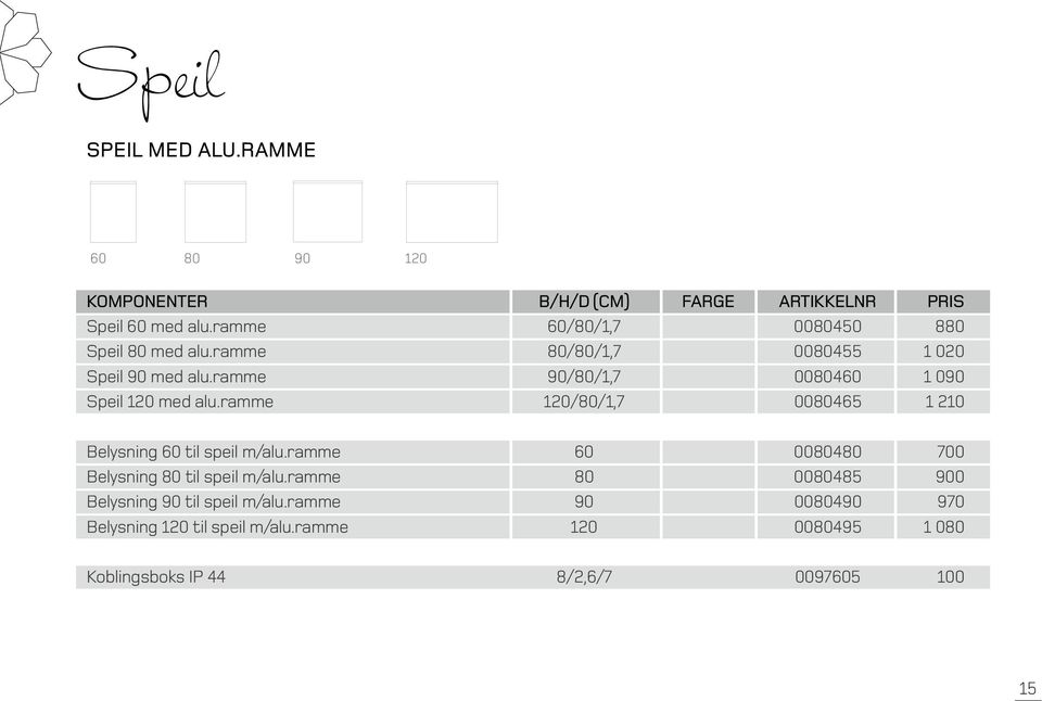 ramme 60/80/1,7 0080450 880 Speil 80 med alu.ramme 80/80/1,7 0080455 1 020 Speil 90 med alu.ramme 90/80/1,7 0080460 1 090 Speil 120 med alu.