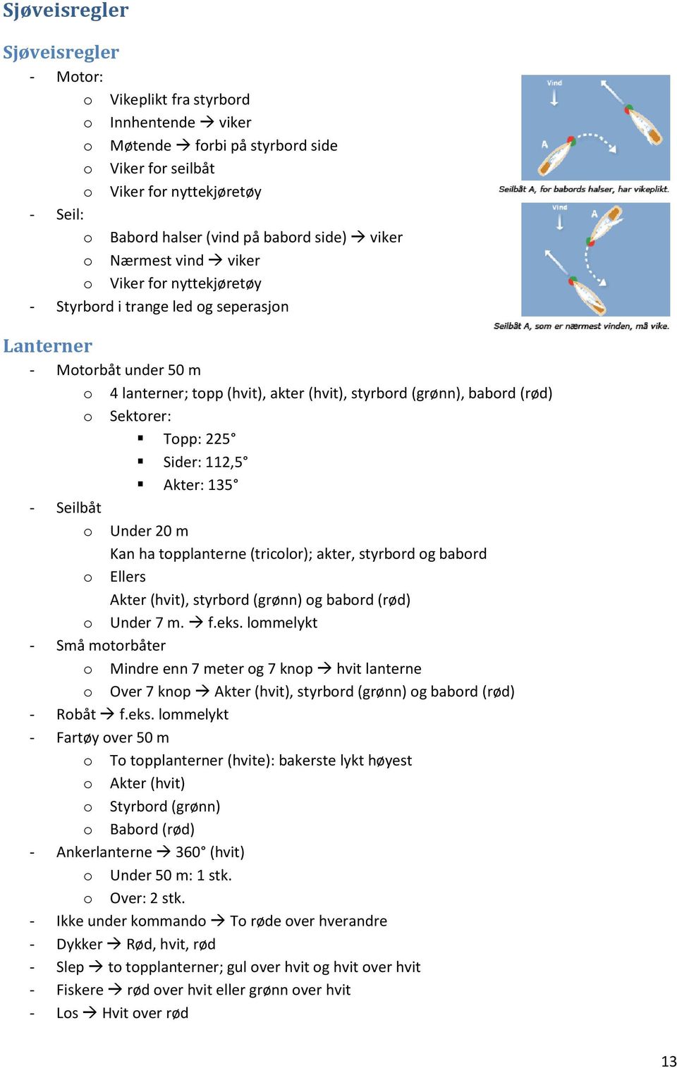 babord (rød) o Sektorer: Topp: 225 Sider: 112,5 Akter: 135 - Seilbåt o o Under 20 m Kan ha topplanterne (tricolor); akter, styrbord og babord Ellers Akter (hvit), styrbord (grønn) og babord (rød)