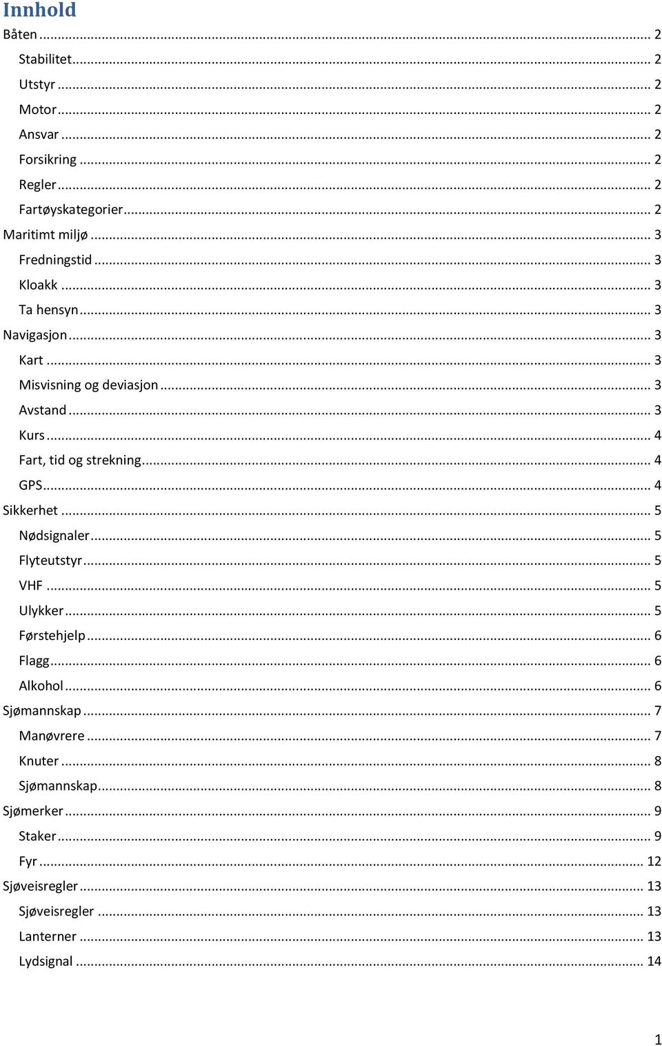 .. 4 Fart, tid og strekning... 4 GPS... 4 Sikkerhet... 5 Nødsignaler... 5 Flyteutstyr... 5 VHF... 5 Ulykker... 5 Førstehjelp... 6 Flagg.