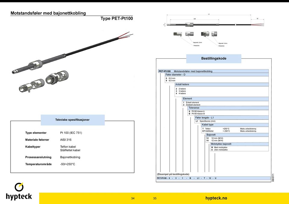 - L1 L1 Spesi seres (mm) Kabel type T Te on +250 C Maks arbeidstemp. ST Stål ettet + 250 C Maks arbeidstemp.