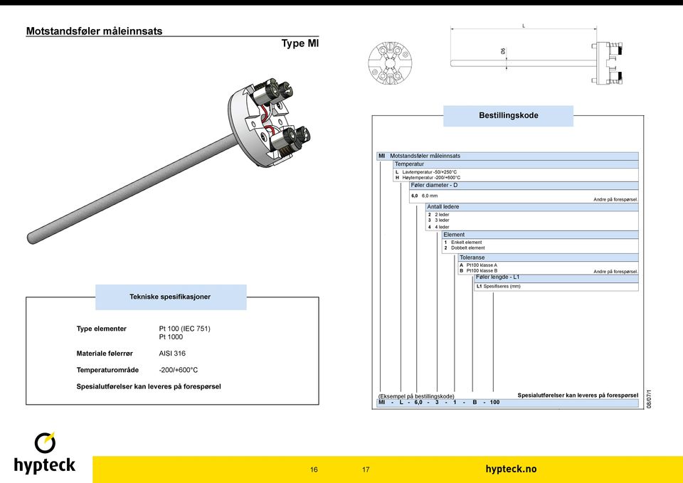 Pt100 klasse A Føler lengde - L1 L1 Spesi seres (mm) Type elementer Pt 100 (IEC 751) Pt 1000 Materiale