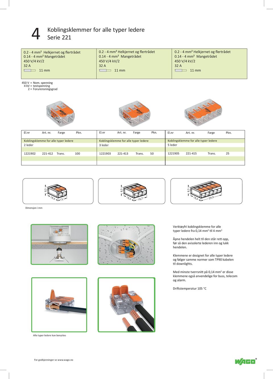 50 5 leder 1221905 221-415 Trans. 25 8,3 8,3 8,3 18,6 13,1 18,6 18,7 18,6 29,9 Verktøyfri koblingsklemme for alle typer ledere fra 0,14 mm 2 til 4 mm 2.