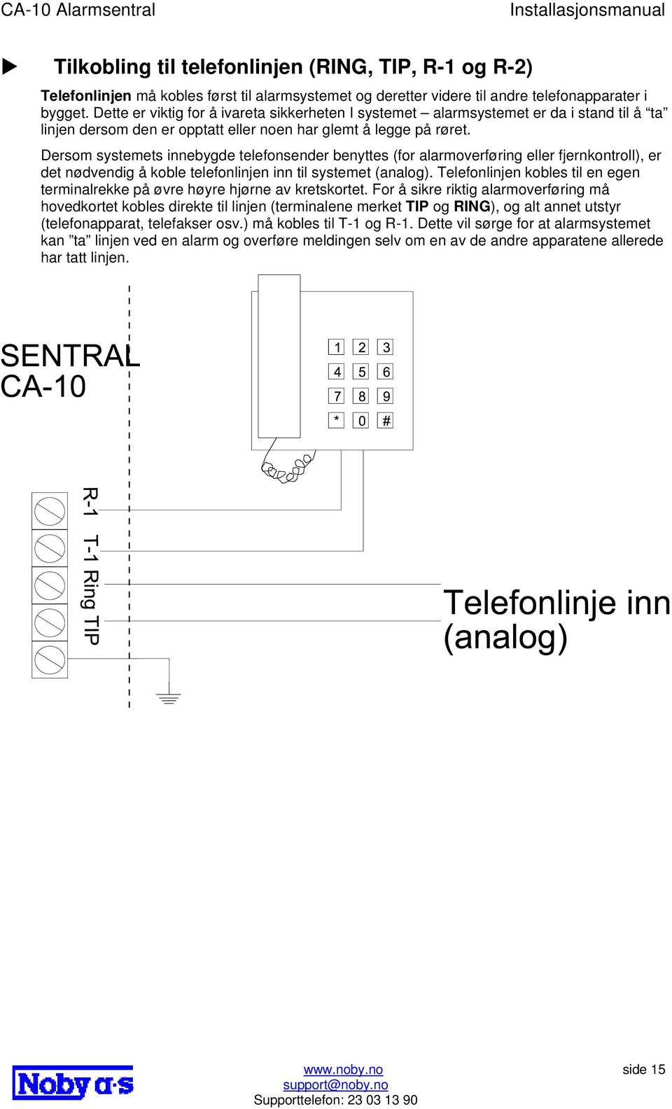 Dersom systemets innebygde telefonsender benyttes (for alarmoverføring eller fjernkontroll), er det nødvendig å koble telefonlinjen inn til systemet (analog).