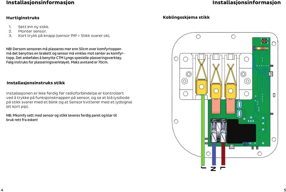 Det anbefales å benytte CTM Lyngs spesielle plasseringsverktøy. Følg instruks for plasseringsverktøyet. Maks avstand er 70cm.