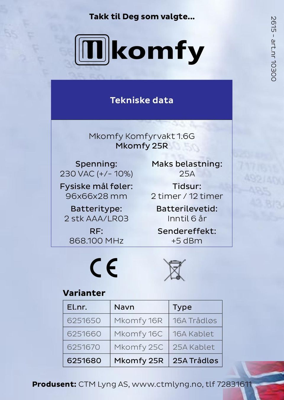 100 MHz Maks belastning: 25A Tidsur: 2 timer / 12 timer Batterilevetid: Inntil 6 år Sendereffekt: +5 dbm Varianter El.nr.