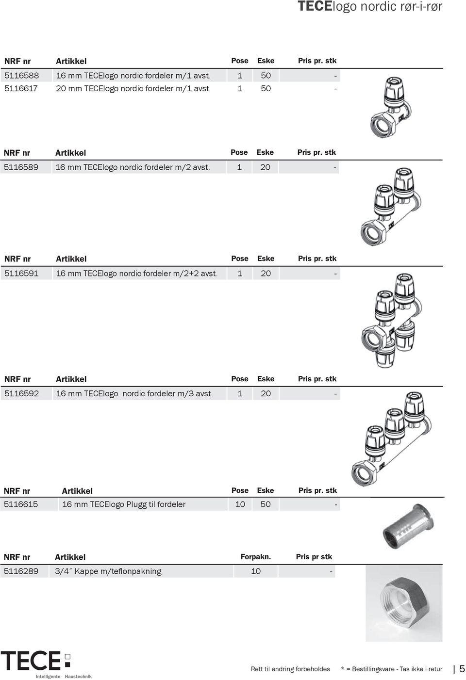 1 20 - NRF nr Artikkel Pose Eske Pris pr. stk 5116591 16 mm TECElogo nordic fordeler m/2+2 avst. 1 20 - NRF nr Artikkel Pose Eske Pris pr.