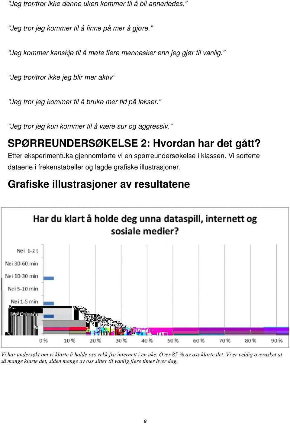 Etter eksperimentuka gjennomførte vi en spørreundersøkelse i klassen. Vi sorterte dataene i frekenstabeller og lagde grafiske illustrasjoner.