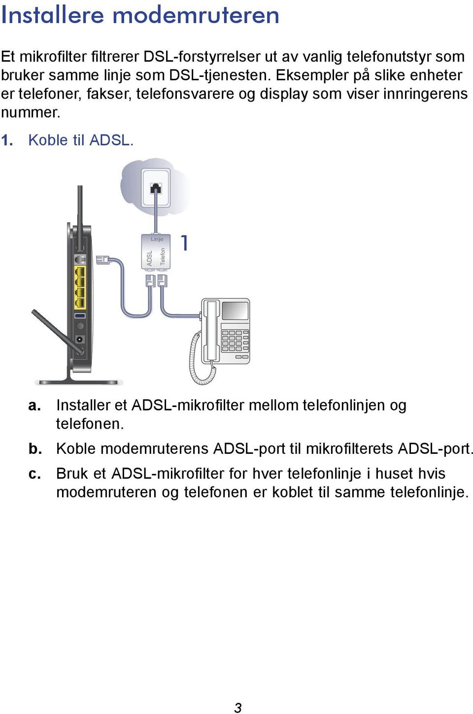 ADSL Linje Telefon 1 a. Installer et ADSL-mikrofilter mellom telefonlinjen og telefonen. b.