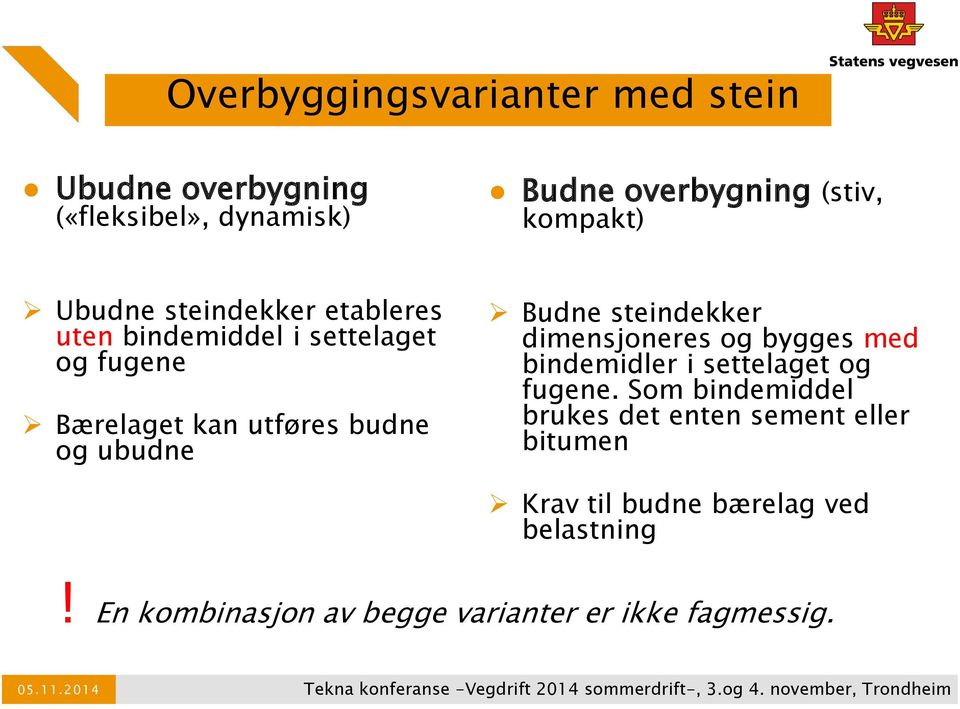 Budne steindekker dimensjoneres og bygges med bindemidler i settelaget og fugene.