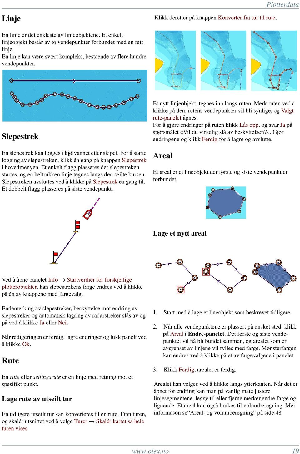 For å starte logging av slepestreken, klikk én gang på knappen Slepestrek i hovedmenyen. Et enkelt flagg plasseres der slepestreken startes, og en heltrukken linje tegnes langs den seilte kursen.