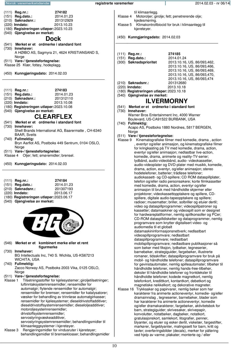 Søknadsnr.: 201312110 (220) Inndato: 2013.10.08 (180) Registreringen 2023.10.08 CLEARFLEX Shell Brands International AG, Baarermatte, CH-6340 BAAR, Sveits Bryn Aarflot AS, Postboks 449 Sentrum, 0104 OSLO, Klasse 4 Oljer; fett; smøremidler; brensel.