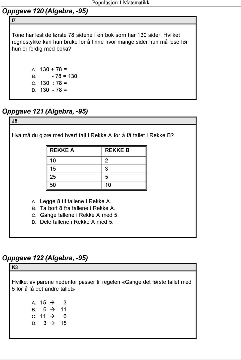 130-78 = Oppgave 121 (Algebra, -95) J5 Hva må du gjøre med hvert tall i Rekke A for å få tallet i Rekke B? REKKE A REKKE B 10 2 15 3 25 5 50 10 A. Legge 8 til tallene i Rekke A.