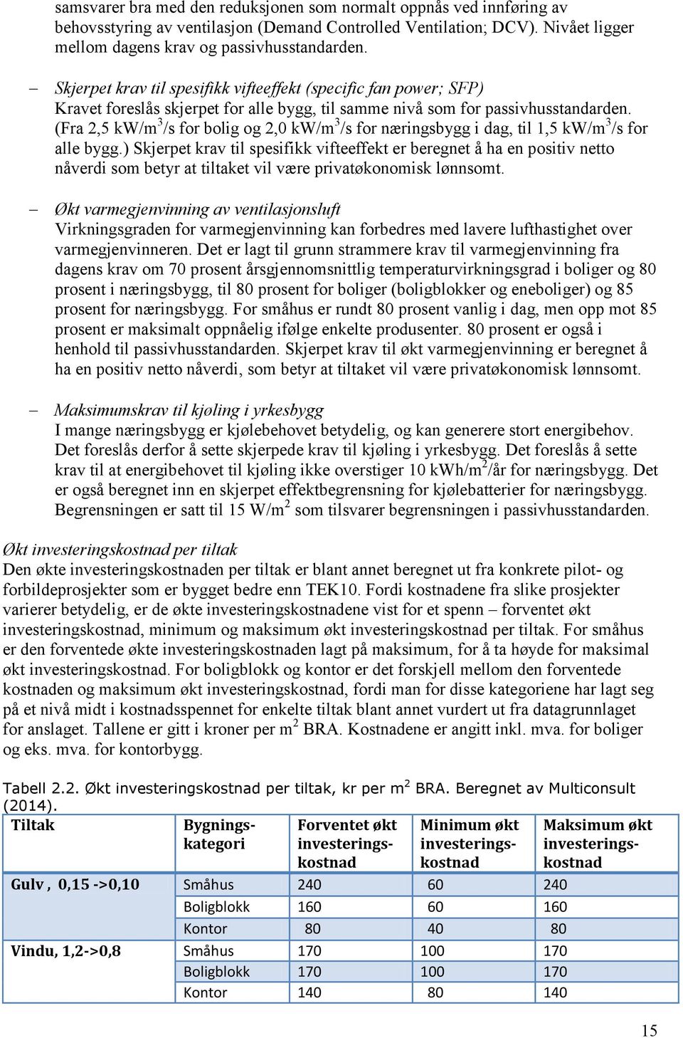 (Fra 2,5 kw/m 3 /s for bolig og 2,0 kw/m 3 /s for næringsbygg i dag, til 1,5 kw/m 3 /s for alle bygg.