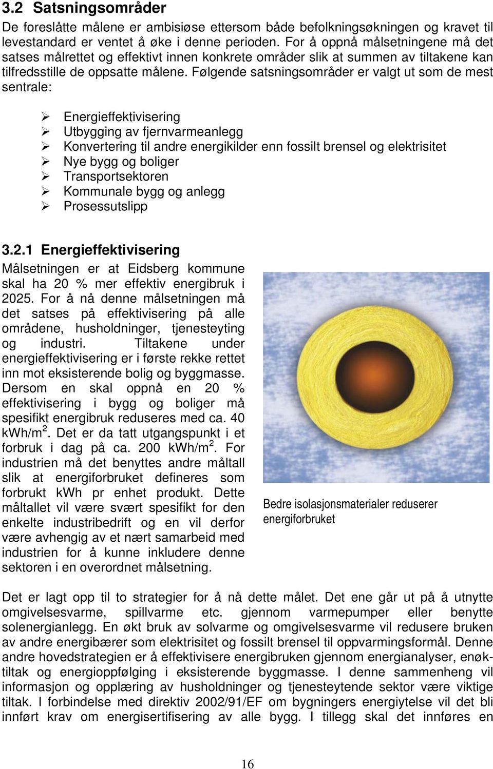 Følgende satsningsområder er valgt ut som de mest sentrale: Energieffektivisering Utbygging av fjernvarmeanlegg Konvertering til andre energikilder enn fossilt brensel og elektrisitet Nye bygg og