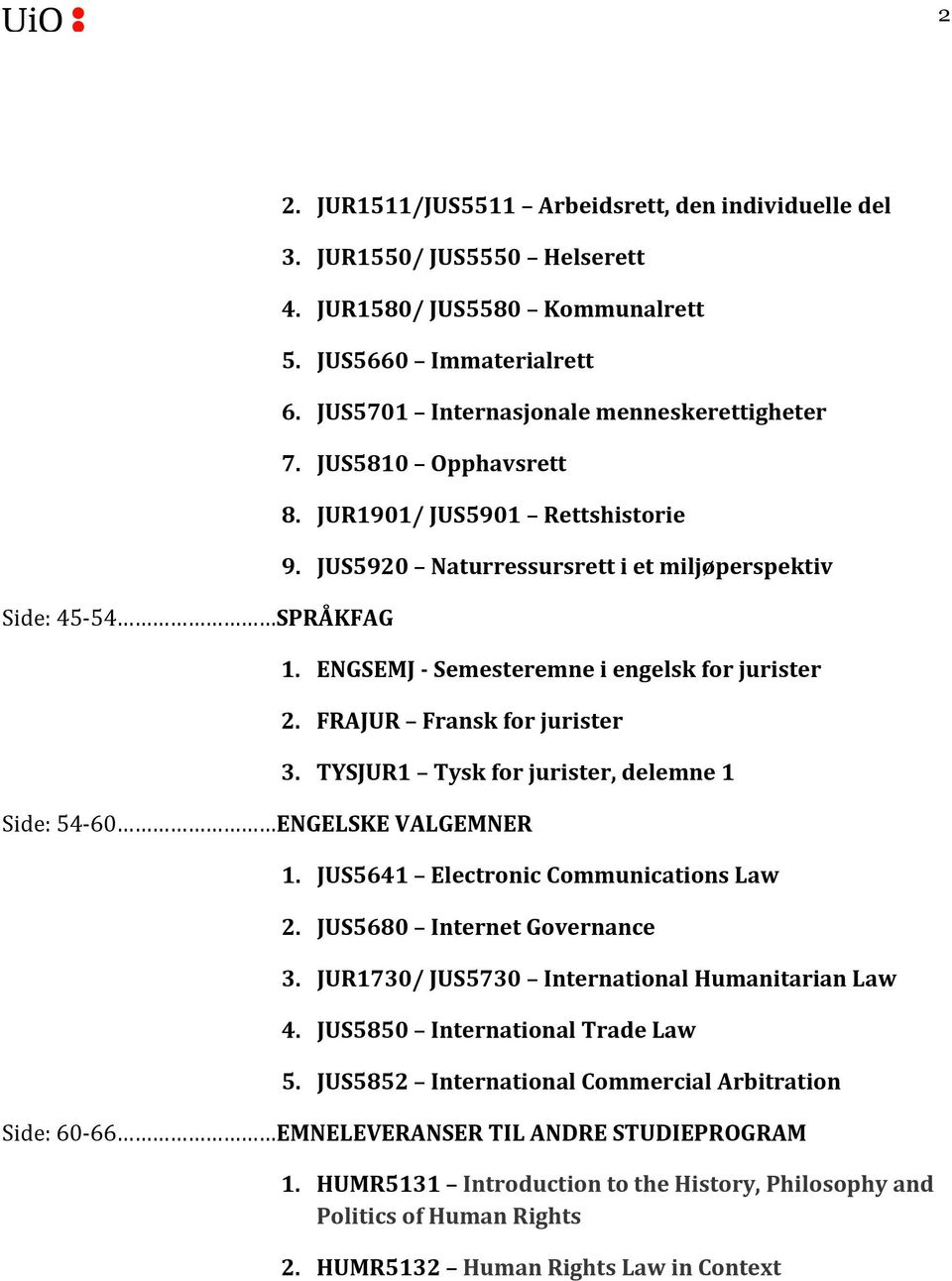 FRAJUR Fransk for jurister 3. TYSJUR1 Tysk for jurister, delemne 1 Side: 54-60 ENGELSKE VALGEMNER 1. JUS5641 Electronic Communications Law 2. JUS5680 Internet Governance 3.