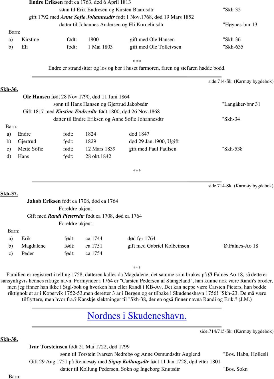 Endre er strandsitter og los og bor i huset farmoren, faren og stefaren hadde bodd. side.714-sk. (Karmøy bygdebok) Skh-36. Ole Hansen født 28 Nov.