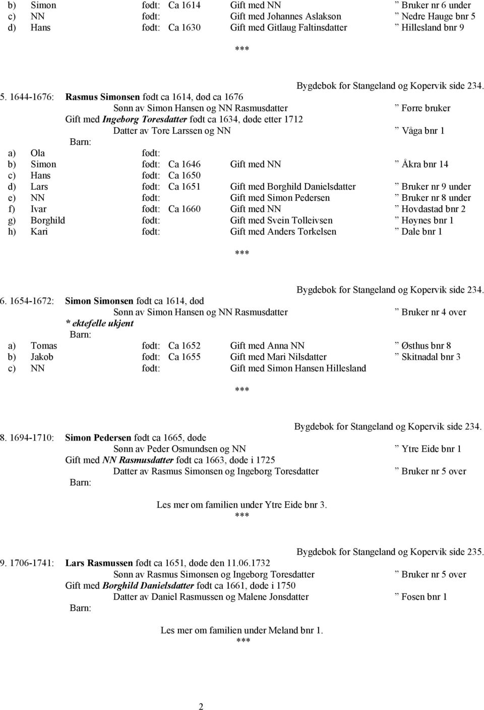 1644-1676: Rasmus Simonsen født ca 1614, død ca 1676 Simon Hansen og NN Rasmusdatter Førre bruker Gift med Ingeborg Toresdatter født ca 1634, døde etter 1712 Tore Larssen og NN Våga bnr 1 a) Ola