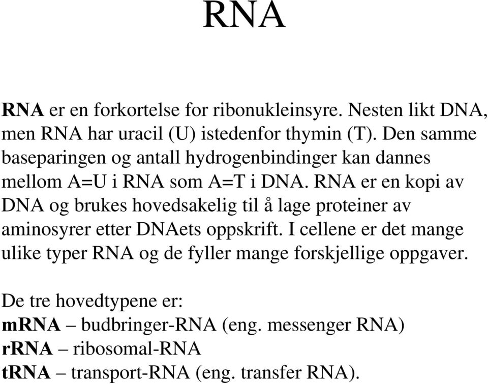 RNA er en kopi av DNA og brukes hovedsakelig til å lage proteiner av aminosyrer etter DNAets oppskrift.