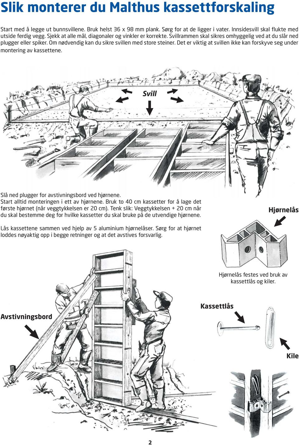 Det er viktig at svillen ikke kan forskyve seg under montering av kassettene. Svill Slå ned plugger for avstivningsbord ved hjørnene. Start alltid monteringen i ett av hjørnene.