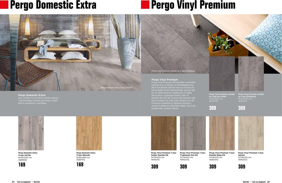 Pergo Domestic Extra 3-stav Grå Eik Pergo Vinyl Premium Pergo Vinyl Premium tilfredsstiller markedets høyeste krav til design og interiørtilpassing.