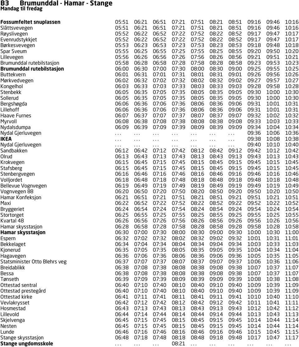 07:53 08:23 08:53 09:18 09:48 10:18 Spar Sveum 05:55 06:25 06:55 07:25 07:55 08:25 08:55 09:20 09:50 10:20 Lillevegen 05:56 06:26 06:56 07:26 07:56 08:26 08:56 09:21 09:51 10:21 Brumunddal