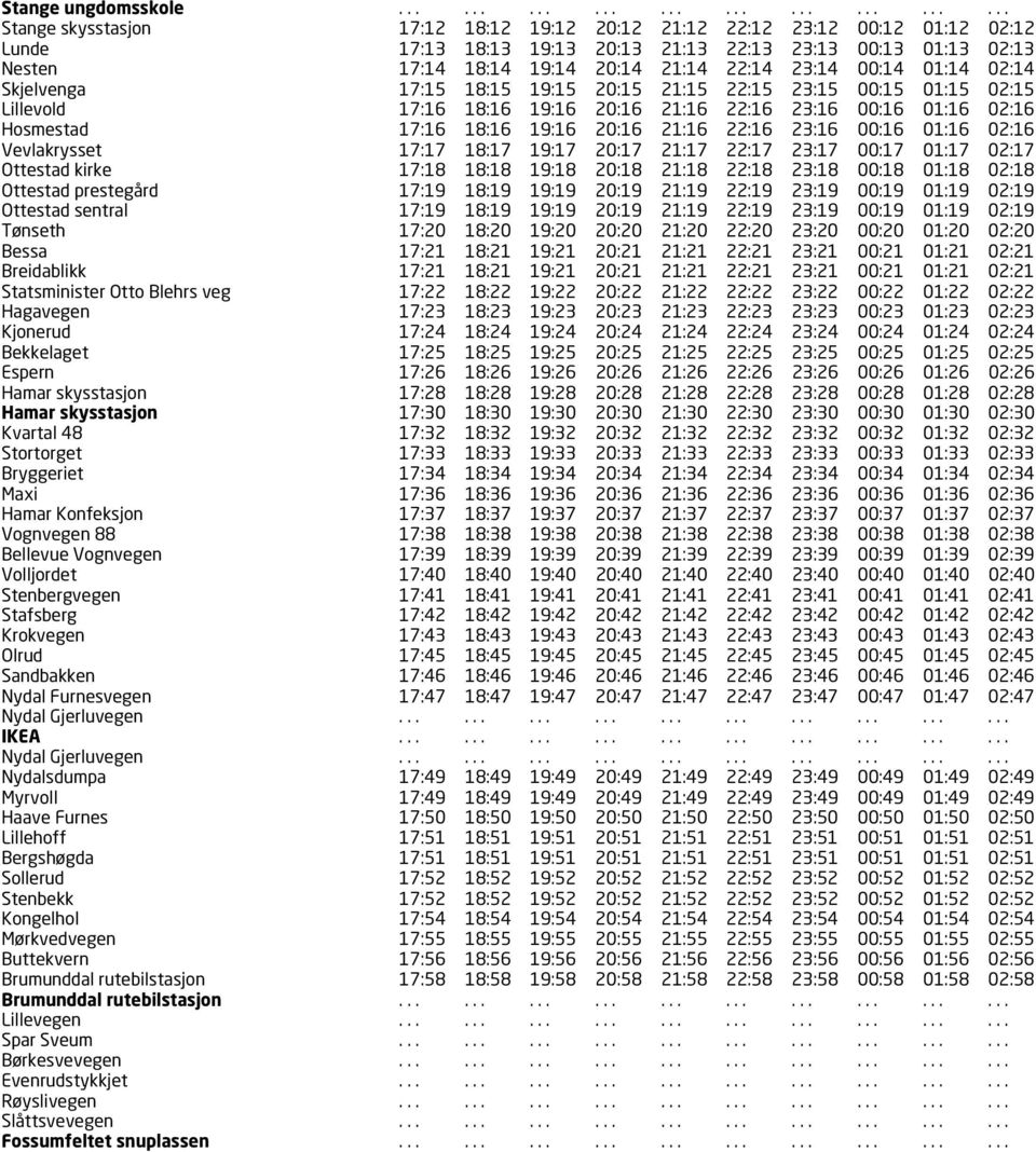 20:14 21:14 22:14 23:14 00:14 01:14 02:14 Skjelvenga 17:15 18:15 19:15 20:15 21:15 22:15 23:15 00:15 01:15 02:15 Lillevold 17:16 18:16 19:16 20:16 21:16 22:16 23:16 00:16 01:16 02:16 Hosmestad 17:16