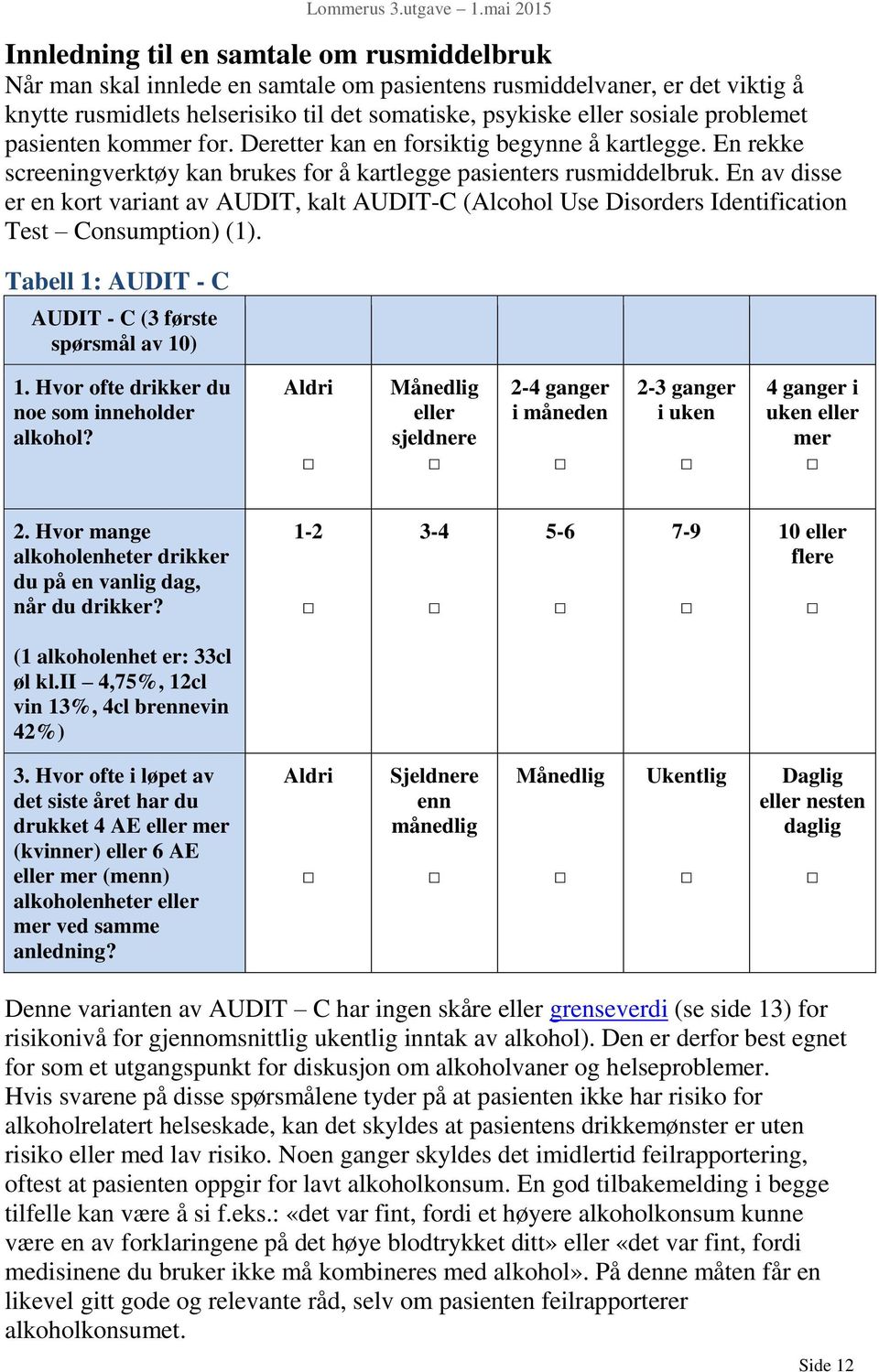 En av disse er en kort variant av AUDIT, kalt AUDIT-C (Alcohol Use Disorders Identification Test Consumption) (1). Tabell 1: AUDIT - C AUDIT - C (3 første spørsmål av 10) 1.