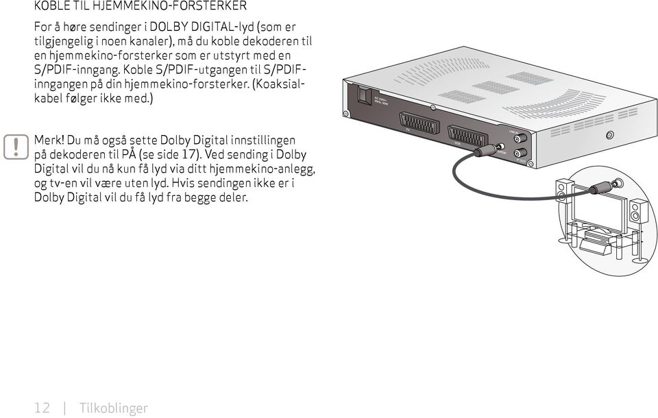 (Koaksialkabel følger ikke med.) Merk! Du må også sette Dolby Digital innstillingen på dekoderen til PÅ (se side 17).