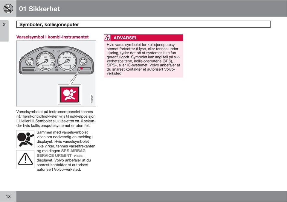 G027284 Varselsymbolet på instrumentpanelet tennes når fjernkontrollnøkkelen vris til nøkkelposisjon I, II eller III. Symbolet slukkes etter ca. 6 sekunder hvis kollisjonsputesystemet er uten feil.