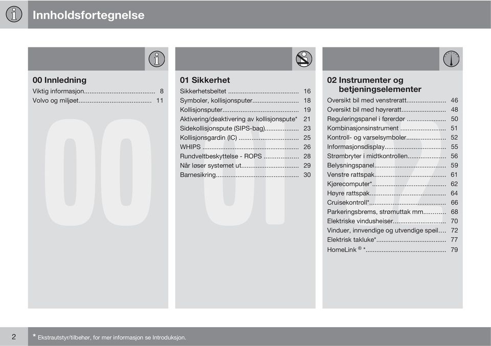 .. 50 Sidekollisjonspute (SIPS-bag)... 23 Kombinasjonsinstrument... 51 Kollisjonsgardin (IC)... 25 Kontroll- og varselsymboler... 52 WHIPS... 26 Informasjonsdisplay... 55 Rundveltbeskyttelse - ROPS.