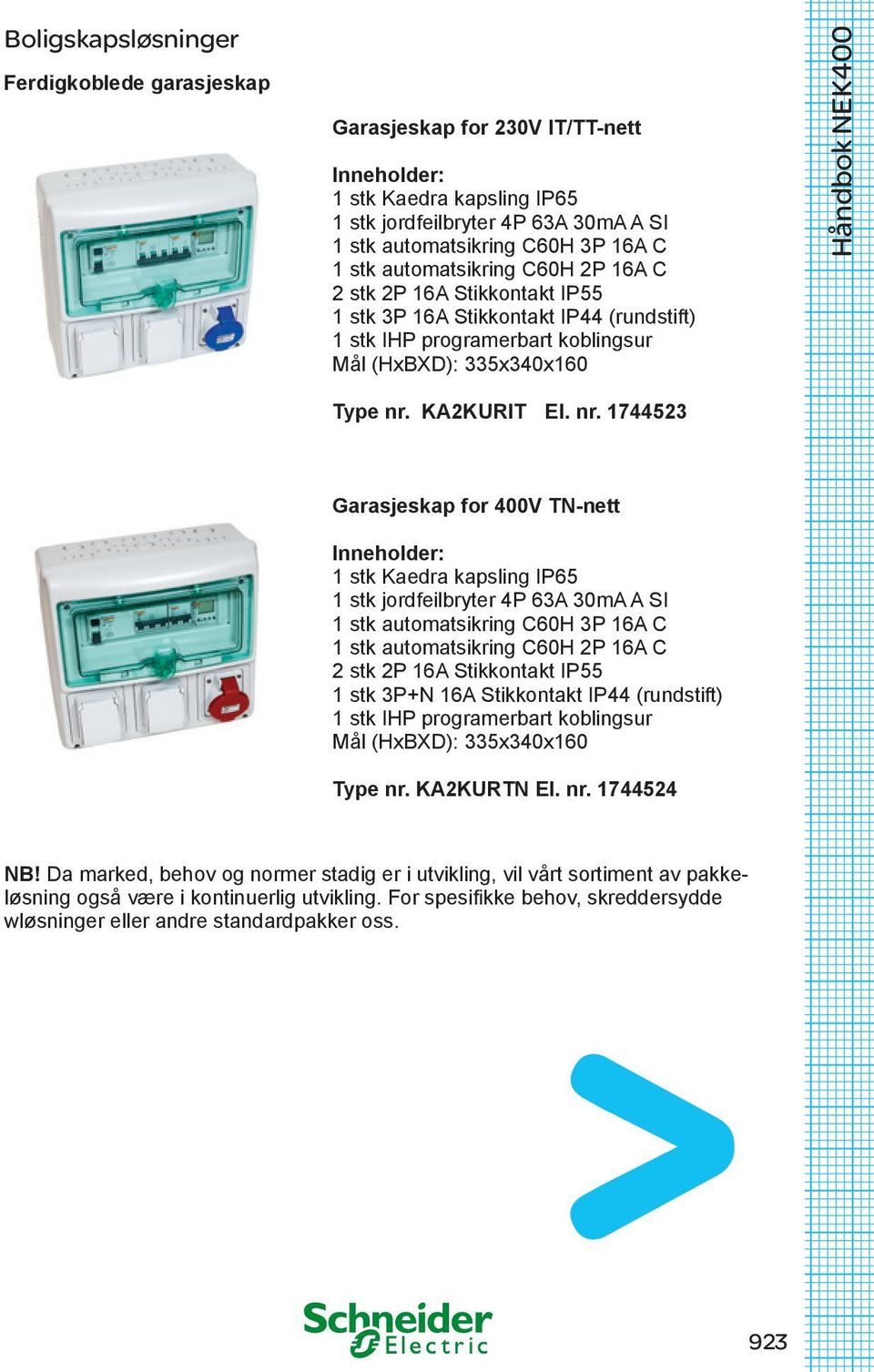 nr. 1744523 Garasjeskap for 400V TN-nett Inneholder: 1 stk Kaedra kapsling IP65 1 stk jordfeilbryter 4P 63A 30mA A SI 1 stk automatsikring C60H 3P 16A C 1 stk automatsikring C60H 2P 16A C 2 stk 2P