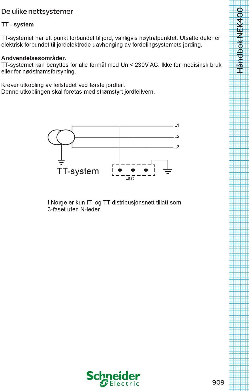 TT-systemet kan benyttes for alle formål med Un < 230V AC. Ikke for medisinsk bruk eller for nødstrømsforsyning.