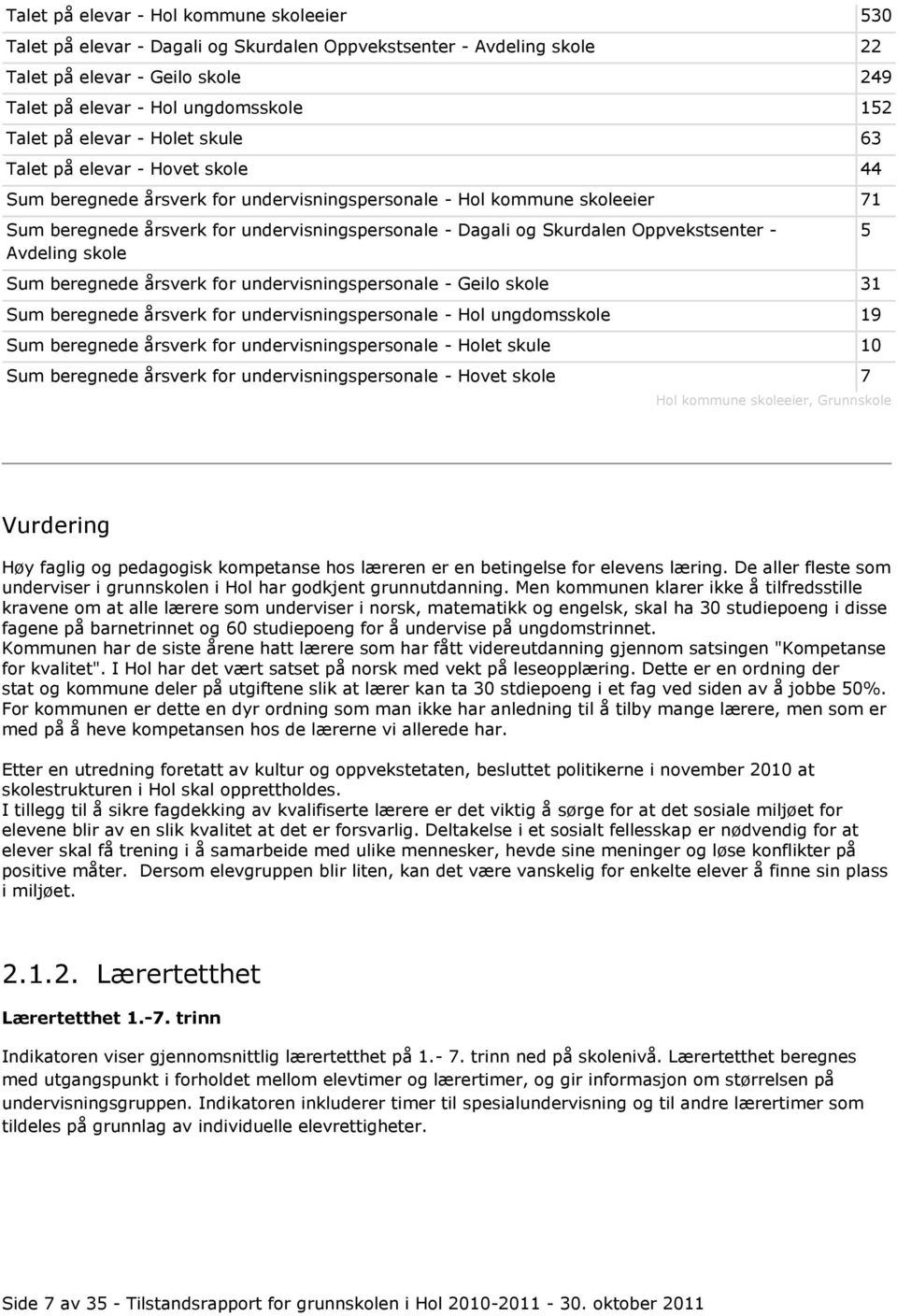 Skurdalen Oppvekstsenter - Avdeling skole Sum beregnede årsverk for undervisningspersonale - Geilo skole 31 Sum beregnede årsverk for undervisningspersonale - Hol ungdomsskole 19 Sum beregnede