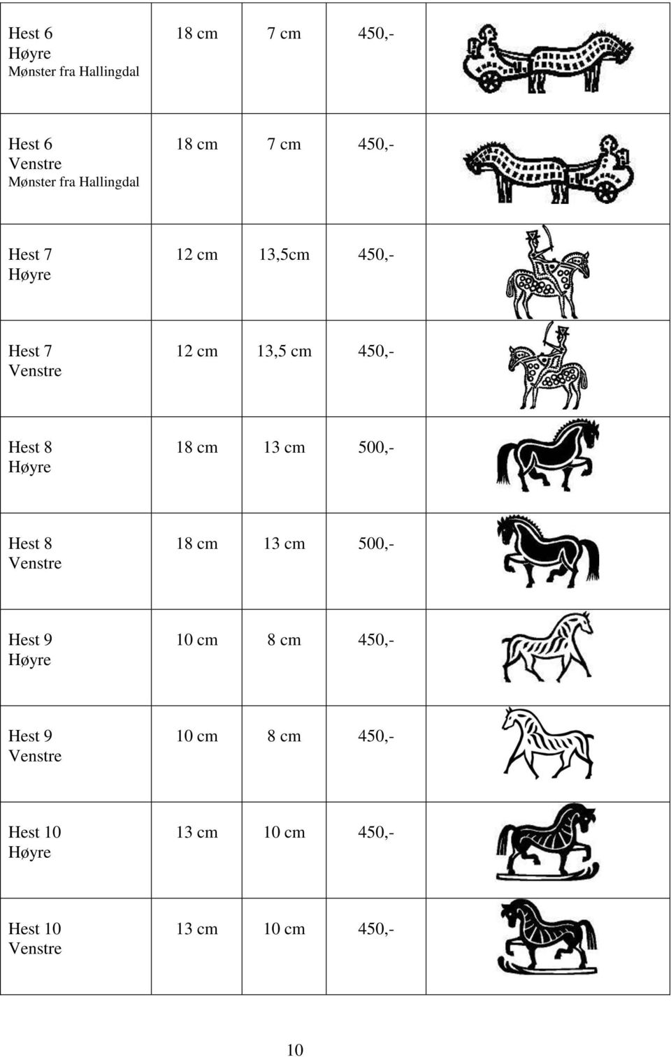 450,- Hest 8 18 cm 13 cm 500,- Hest 8 18 cm 13 cm 500,- Hest 9 10 cm 8 cm