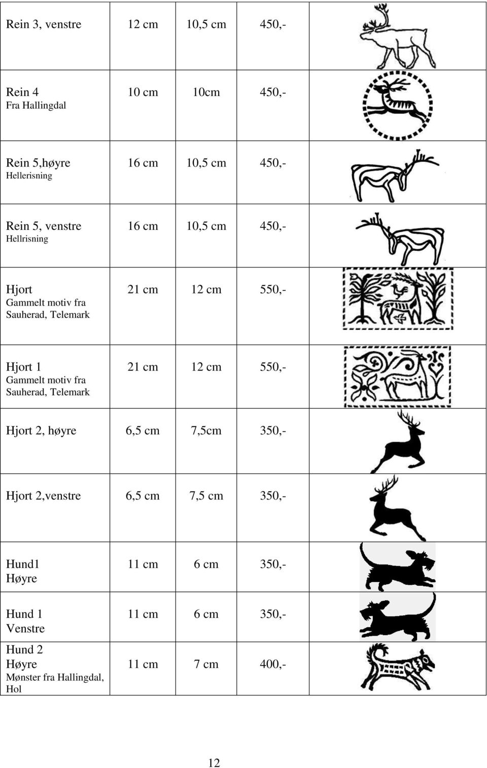 Hjort 1 Gammelt motiv fra Sauherad, Telemark 21 cm 12 cm 550,- Hjort 2, høyre 6,5 cm 7,5cm 350,- Hjort 2,venstre