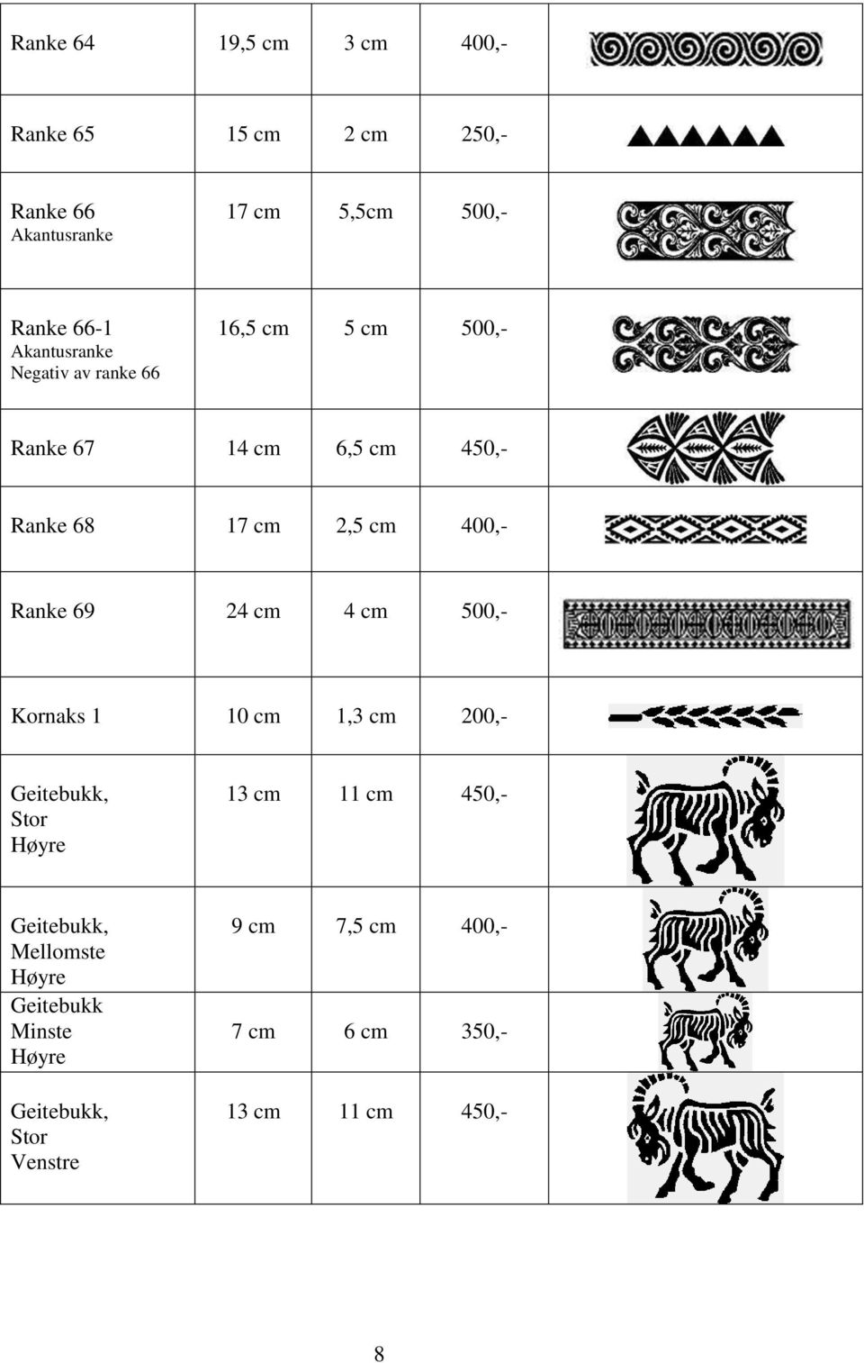 2,5 cm 400,- Ranke 69 24 cm 4 cm 500,- Kornaks 1 10 cm 1,3 cm 200,- Geitebukk, Stor 13 cm 11 cm 450,-