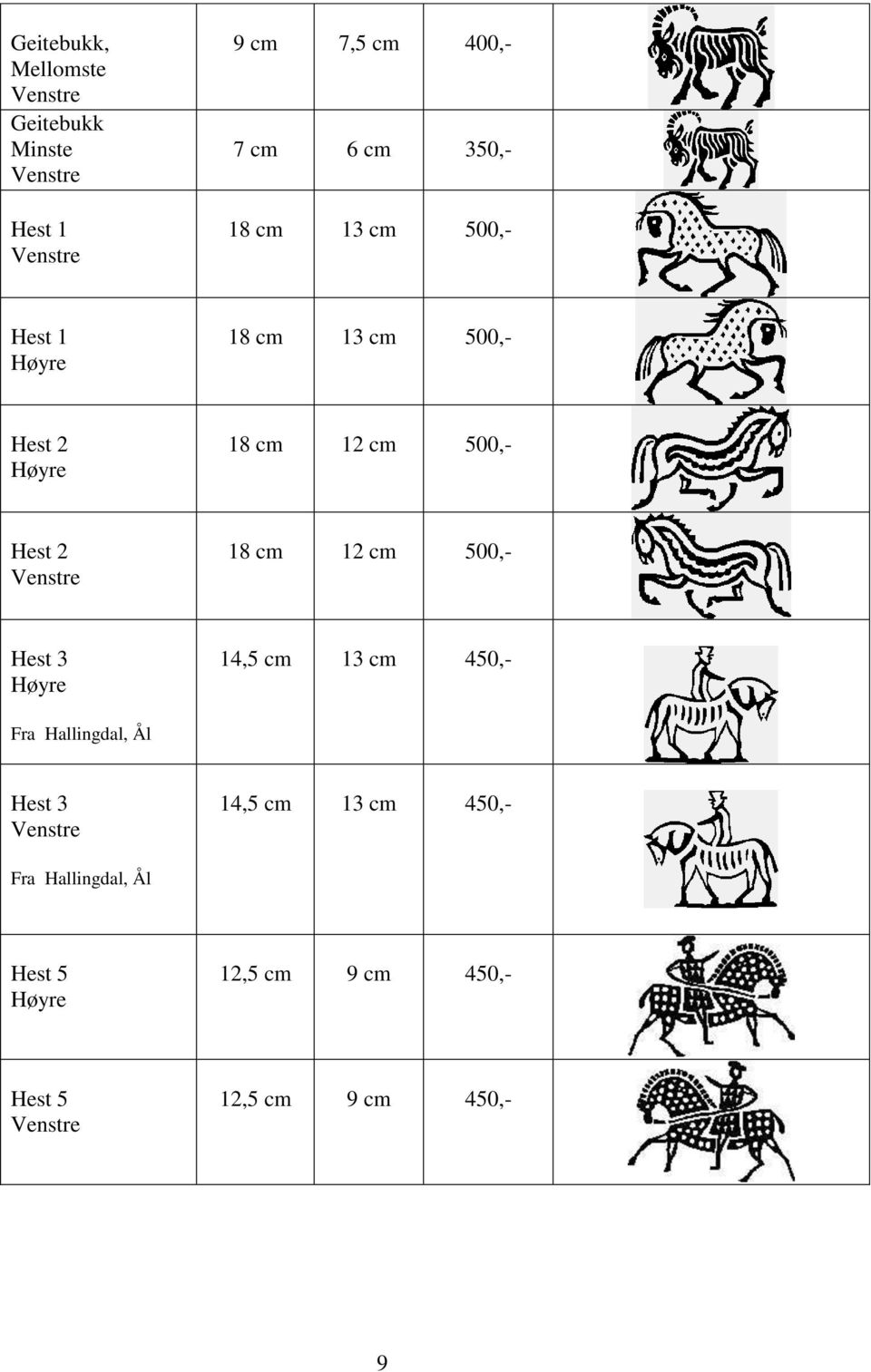 cm 12 cm 500,- Hest 3 14,5 cm 13 cm 450,- Fra Hallingdal, Ål Hest 3 14,5 cm 13