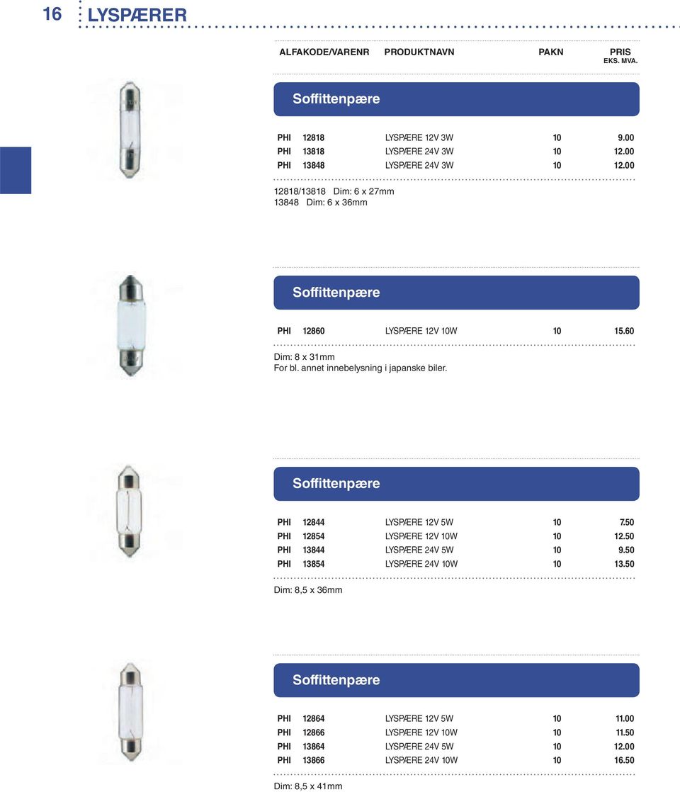 annet innebelysning i japanske biler. Soffittenpære PHI 12844 LYSPÆRE 12V 5W 10 7.50 PHI 12854 LYSPÆRE 12V 10W 10 12.50 PHI 13844 LYSPÆRE 24V 5W 10 9.