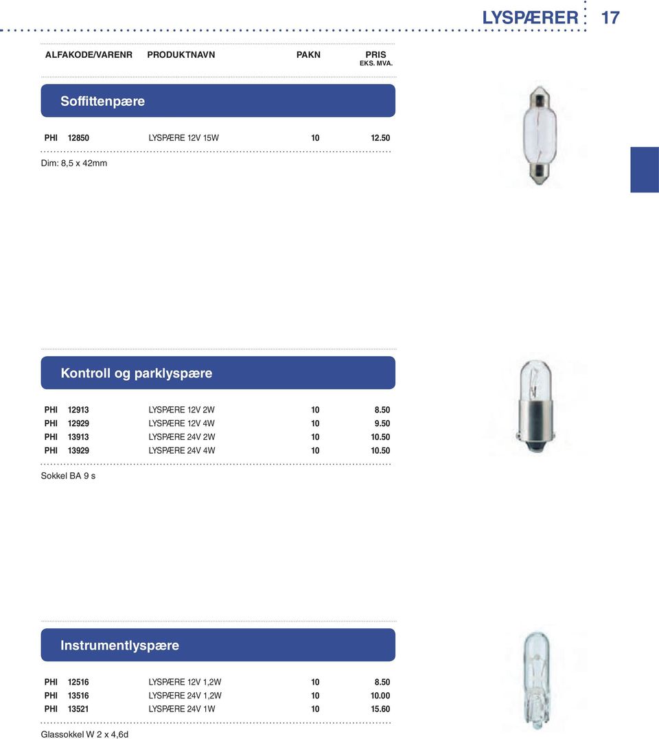 50 PHI 12929 LYSPÆRE 12V 4W 10 9.50 PHI 13913 LYSPÆRE 24V 2W 10 10.