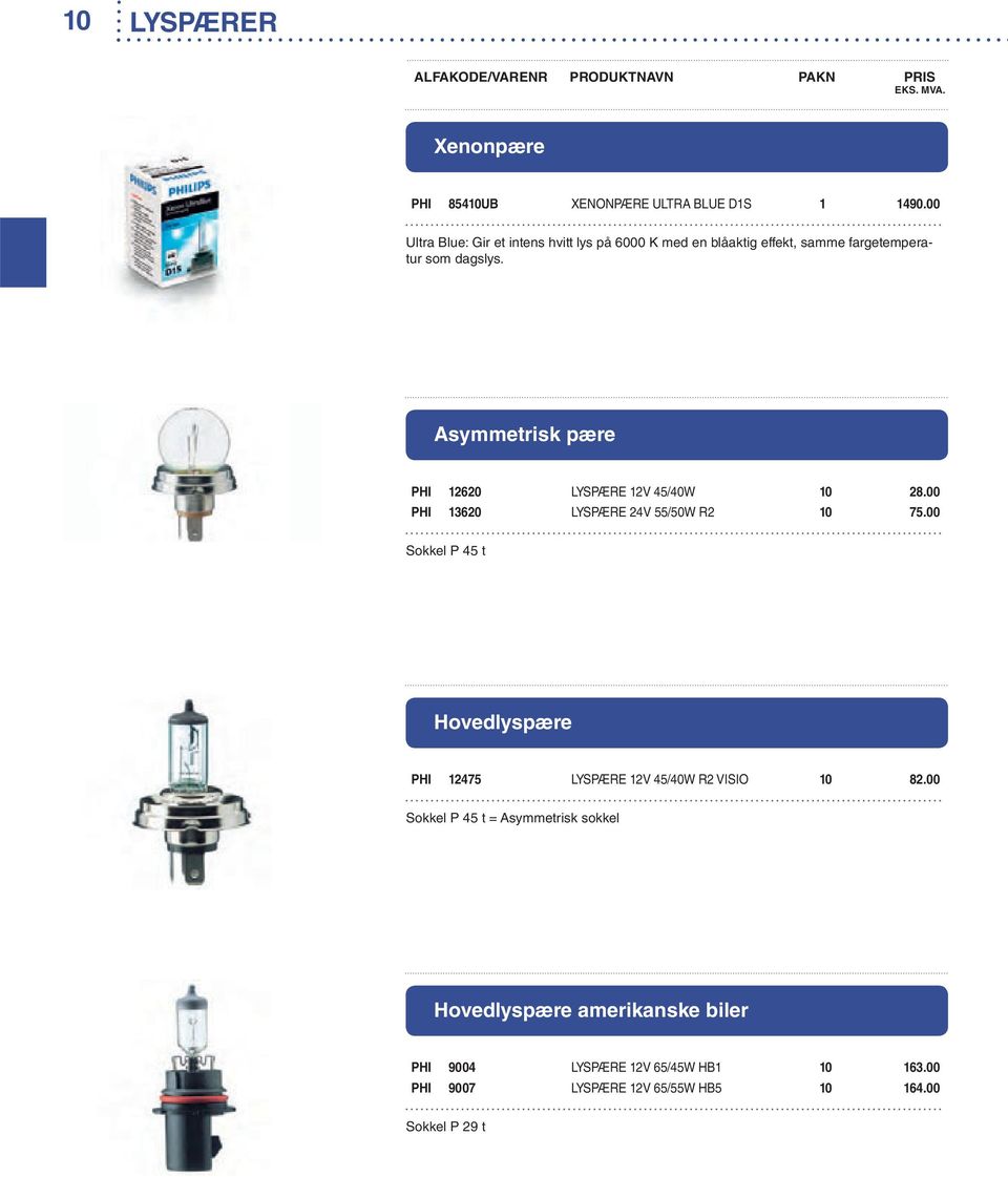 Asymmetrisk pære PHI 12620 LYSPÆRE 12V 45/40W 10 28.00 PHI 13620 LYSPÆRE 24V 55/50W R2 10 75.